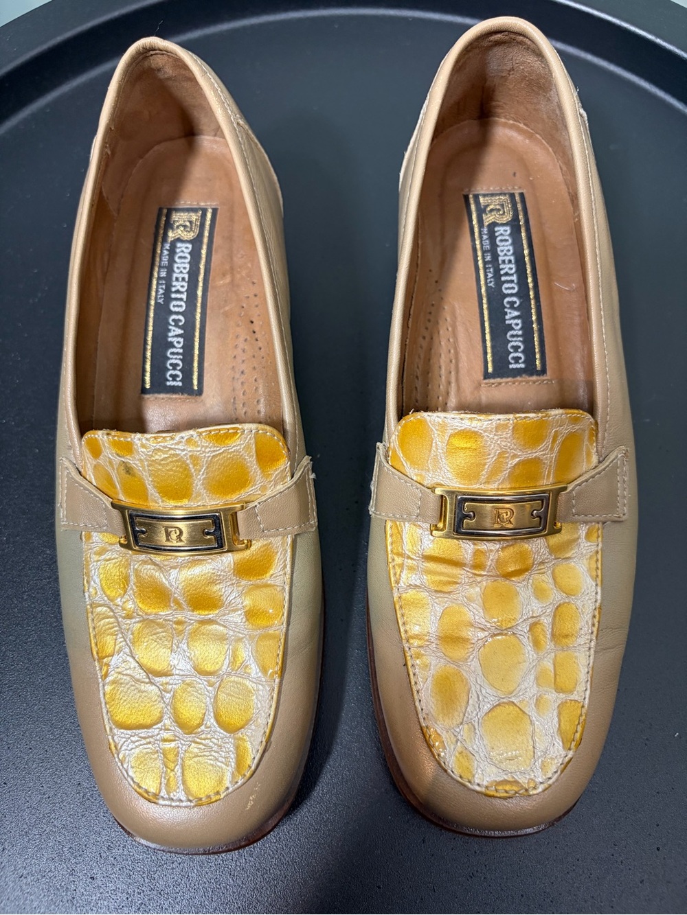 Roberto Capucci Tan & Yellow Croc-Print Leather Loafers